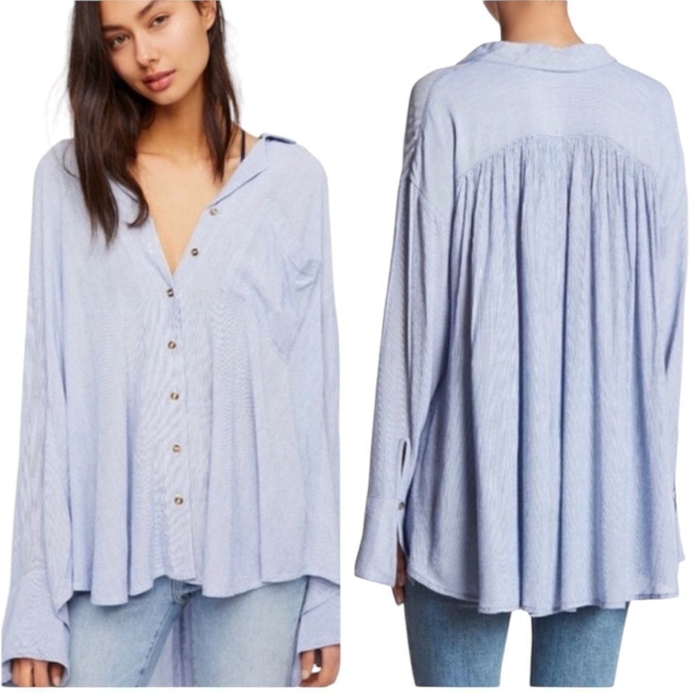 Free People Light Blue Button-Down Peasant Shirt